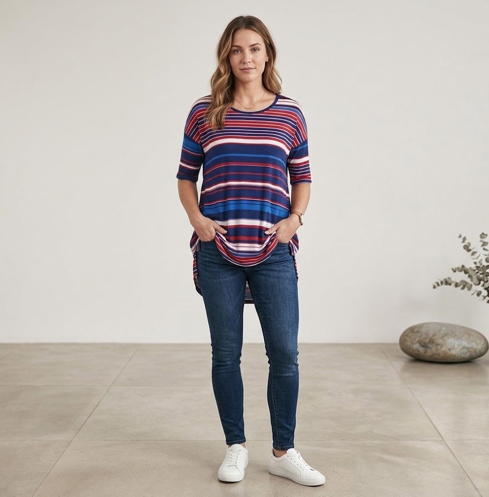 LuLaRoe Irma Tunic Top L Red Blue Striped High Low Oversized NWT